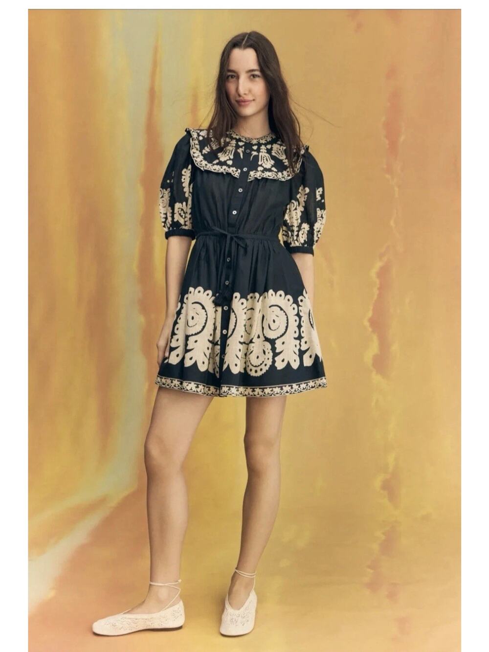 Sea NY Women's Cotton Puff Sleeve Mini Dress in Black & Ivory, Size XL, $225
